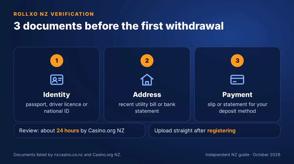 RollXO NZ verification: identity, address and payment documents before the first withdrawal